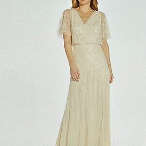Adrianna Papell Womens White Beaded Cut Out Evening Dress Gown 16
